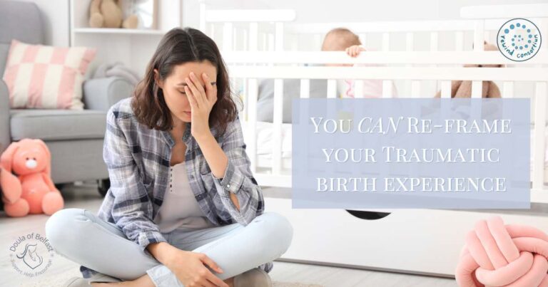 Birth trauma support. Overwhelmed mom on nursery floor
